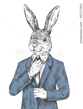 Rabbit in suit. Engraved human bunny, dressed easter hare in fashion tuxedo with tie bow, woodcut etching animal head office hipster, victorian sketch ingenious vector illustration 95317903