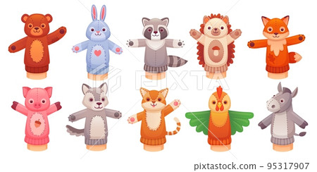 Hand puppet toys. Funny animal toy from sock for doll show theatre of puppeteers, children play hands or finger in kindergarten teddy bear fox rabbit, ingenious vector illustration Hand puppet toys. Funny animal toy from sock for doll show theatre of puppeteers, children play hands or finger in kindergarten teddy bear fox rabbit, ingenious vector illustration 95317907