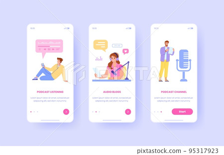 Podcast onboarding. Broadcast mobile app phone screen ui design, people listen or record music radio, audio vlogger speech listeners concept, player interface vector illustration 95317923