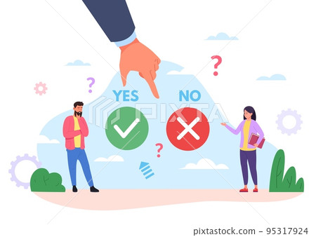 People choosing yes no button. Opportunity convince concept, hand ready click ok two person choice decision making process answer false or true correct opinion vector illustration 95317924