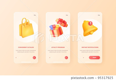 Mobile shop onboarding. Walkthrough instructions steps on ui screen smartphone app 3d template, digital purchase concept online buying, path web slide card kit vector illustration 95317925