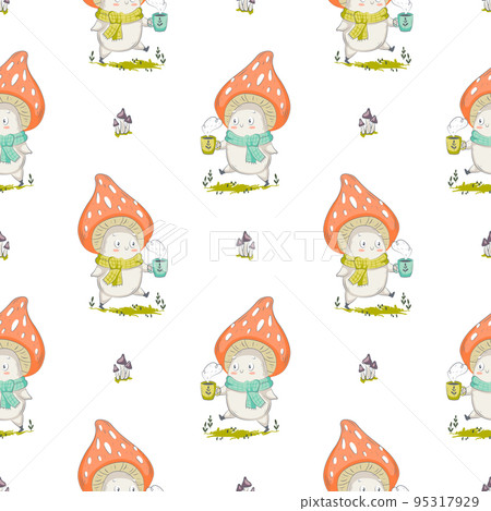 Mushroom cartoon vector illustration for posters, T-shirt print, postcard. Kids card print template and seamless background pattern  95317929