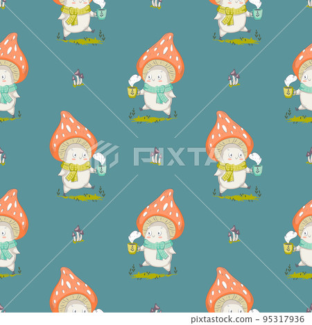 Mushroom cartoon vector illustration for posters, T-shirt print, postcard. Kids card print template and seamless background pattern Mushroom cartoon vector illustration for posters, T-shirt print, postcard. Kids card print template and seamless background pattern 95317936