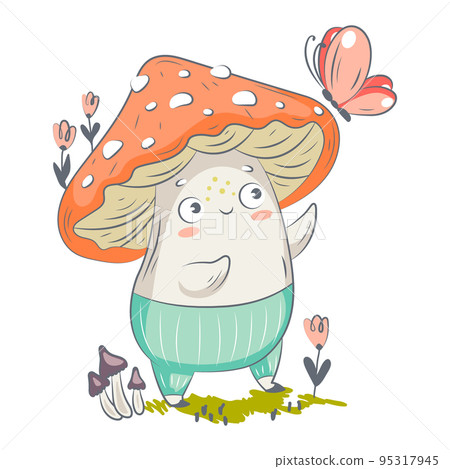 Cute funny amanita mushroom. Vector isolated hand drawn cartoon kawaii character. Illustration for posters, T-shirt print, postcard, card, baby textile. Vector illustration 95317945