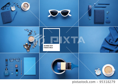 Collage made with different photos inspired by color of the year 2020 (Classic blue) 95318279