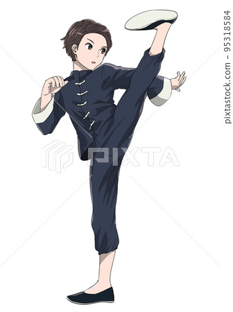 A man wearing Chinese clothes and posing to kick Kung Fu star style A man wearing Chinese clothes and posing to kick Kung Fu star style 95318584