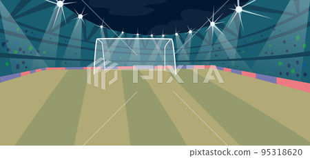 Soccer Stadium, Football Arena Field With Bright Lights, Green Grass, Gate And Tribunes Perspective View, Sport Ground Soccer Stadium, Football Arena Field With Bright Lights, Green Grass, Gate And Tribunes Perspective View, Sport Ground 95318620