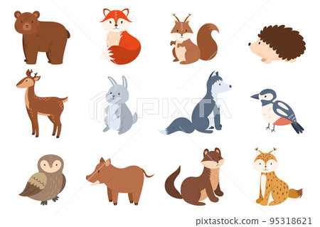 Set Of Forest Animals Bear, Fox, Deer And Rabbit. Squirrel, Hedgehog, Wolf And Bird, Owl, Lynx, Boar, Ferret Or Weasel Set Of Forest Animals Bear, Fox, Deer And Rabbit. Squirrel, Hedgehog, Wolf And Bird, Owl, Lynx, Boar, Ferret Or Weasel 95318621