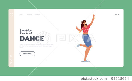 Nightlife Clubbing Disco Party Landing Page Template. Young Girl in Night Club Dancing and Jumping with Hands Up Nightlife Clubbing Disco Party Landing Page Template. Young Girl in Night Club Dancing and Jumping with Hands Up 95318634