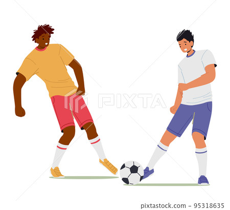 Couple Of Young Men In Sports Uniform Practicing Football Game. Soccer Players Kicking Ball, Competition, School League Couple Of Young Men In Sports Uniform Practicing Football Game. Soccer Players Kicking Ball, Competition, School League 95318635