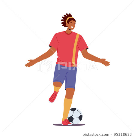 Happy Black Sportsman Soccer Player Win, Celebrate Victory And Goal. Character In Red Football Sportswear Run With Ball Happy Black Sportsman Soccer Player Win, Celebrate Victory And Goal. Character In Red Football Sportswear Run With Ball 95318653
