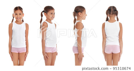 Collage of cute little girl in underwear on white background 95318674