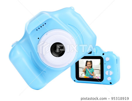 Blue toy cameras on white background in collage, one with photo of cute little girl making slime 95318919