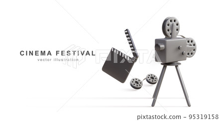 3d realistic Movie cinema festival poster retro camera, Film reels and cinema clapper. Vector illustration. 3d realistic Movie cinema festival poster retro camera, Film reels and cinema clapper. Vector illustration. 95319158