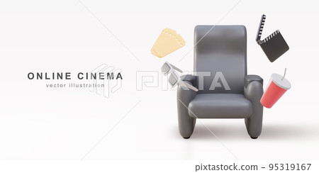 3d realistic cinema chair with comfortable elbows, tickets, drink, glasses and clapperboard. Vector illustration. 3d realistic cinema chair with comfortable elbows, tickets, drink, glasses and clapperboard. Vector illustration. 95319167