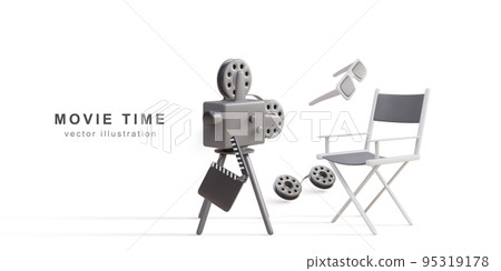 3d realistic retro camera, clapperboard, Film reels, glasses and director chair. Vector illustration. 95319178