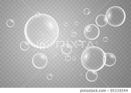 A set of colorful and colorful soap bubbles to create a design. Isolated, transparent, realistic soap bubbles on a transparent background. 95319344