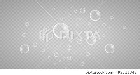 A set of colorful and colorful soap bubbles to create a design. Isolated, transparent, realistic soap bubbles on a transparent background. 95319345