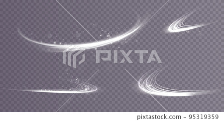 Set of Abstract light lines of movement and speed with white color sparkles. Light everyday glowing effect. semicircular wave, light trail curve swirl, car headlights, incandescent optical fiber png. Set of Abstract light lines of movement and speed with white color sparkles. Light everyday glowing effect. semicircular wave, light trail curve swirl, car headlights, incandescent optical fiber png. 95319359