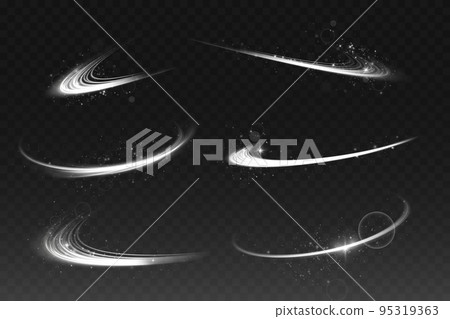 Set of Abstract light lines of movement and speed with white color sparkles. Light everyday glowing effect. semicircular wave, light trail curve swirl, car headlights, incandescent optical fiber png. 95319363