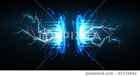 Magic portals on the night scene. Blue round holograms with rays of light and sparkles. Glowing futuristic teleport tunnel with copy space on black background. Magic portals on the night scene. Blue round holograms with rays of light and sparkles. Glowing futuristic teleport tunnel with copy space on black background. 95319442