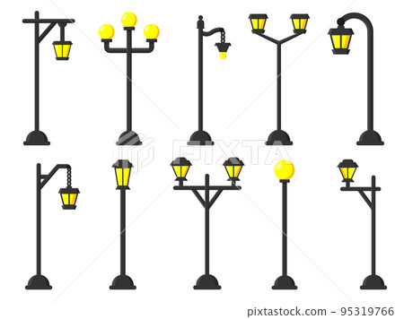 Streetlight streetlamp lamppost. Vintage street lantern poles. Urban road electricity illumination pillars. Retro lamp post with gas or old light bulbs. City Park square garden exterior lighting Streetlight streetlamp lamppost. Vintage street lantern poles. Urban road electricity illumination pillars. Retro lamp post with gas or old light bulbs. City Park square garden exterior lighting 95319766