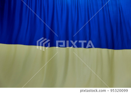 Blue and yellow colors fabric curved flag of Ukraine, UA 95320099