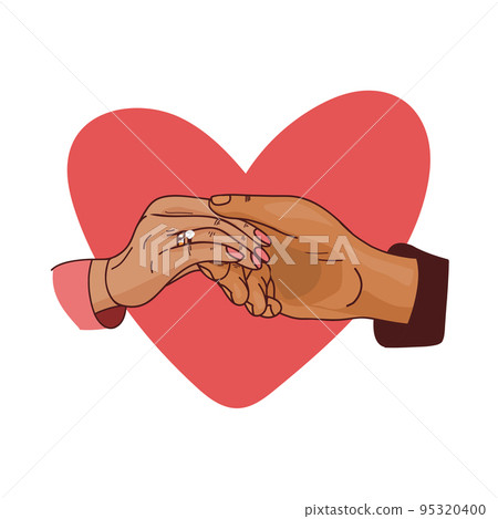 man putting engagement ring on woman hand, outdoor. marriage proposal. doodle Graphic vector illustration.  95320400