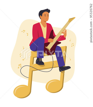 Man Playing the Electric Guitar while Sitting on Big Musical Note Symbol 95320762