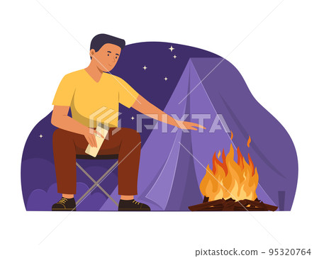 Man Camping on Night Time Man Camping on Night Time 95320764