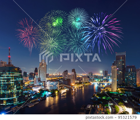 happy new year fireworks celebrating over Chao Phraya river cityscape in Bangkok city at night, Thailand 95321579