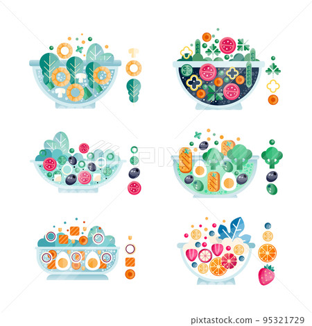 Salad Bowl with Different Ingredients with Fresh Fruit and Vegetables with Seafood Flat Vector Set 95321729