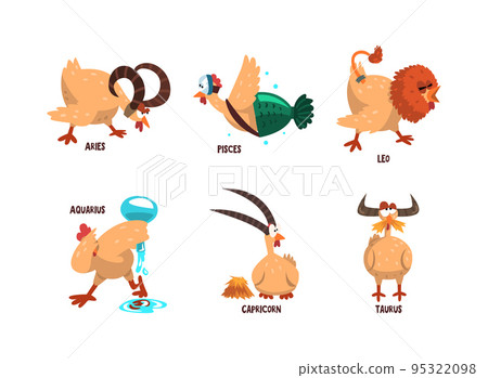 Funny Turkey Character and Zodiac Signs Like Aries, Pisces, Leo, Aquarius, Capricorn and Taurus Vector Set 95322098