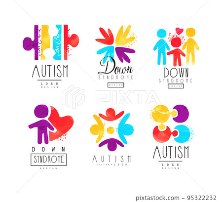 Autism and Down Syndrome Abstract Emblems with Puzzle and Bright Hand Palm Vector Set Autism and Down Syndrome Abstract Emblems with Puzzle and Bright Hand Palm Vector Set 95322232