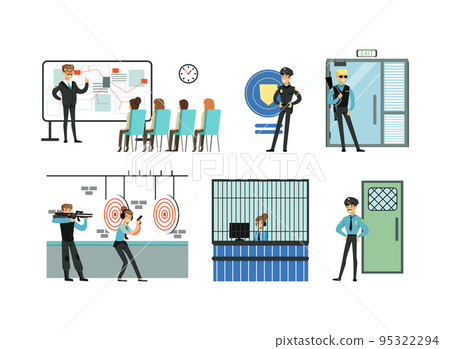 Man and Woman Police Officer Working in Department Sitting on Reception and Shooting with Pistol Vector Set Man and Woman Police Officer Working in Department Sitting on Reception and Shooting with Pistol Vector Set 95322294