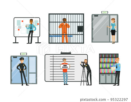 Man and Woman Police Officer Working in Department with Arrested Criminal Vector Set 95322297