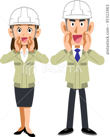 A man and woman in a construction shop wearing a helmet calling out loud 95322863