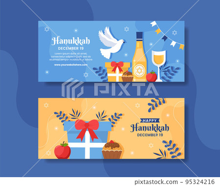 Hanukkah Jewish Holiday Horizontal Banner Flat Cartoon Hand Drawn Templates Illustration 95324216