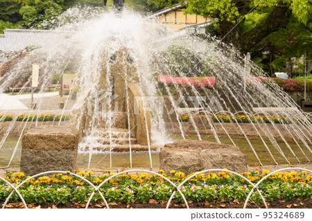 初夏色彩繽紛的花壇和噴泉（岐阜公園） 95324689