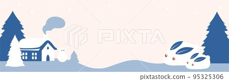 可愛的雪兔橫幅，冬季城市景觀，雪人背景，簡單，插畫素材 95325306