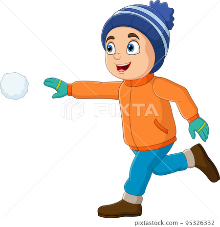 Cartoon little boy in winter clothes throwing snowballs Cartoon little boy in winter clothes throwing snowballs 95326332