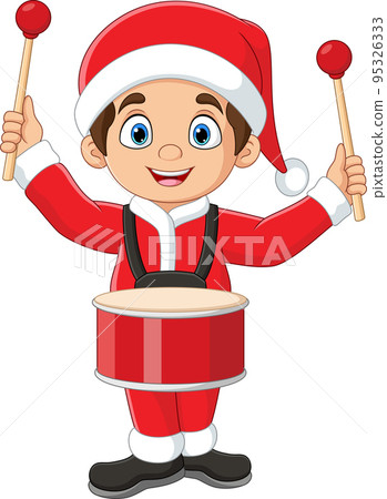Cartoon little boy in red santa clothes playing drums 95326333