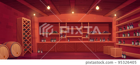Wine shop, cellar interior with bottles on shelves Wine shop, cellar interior with bottles on shelves 95326405