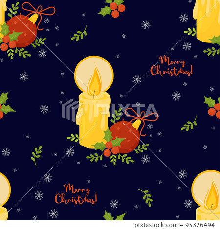 Christmas seamless pattern. Christmas tree ball, burning candle, holly, New Years decor on blue background with snowflakes. Vector illustration. Winter pattern for decor, design, packaging and print 95326494