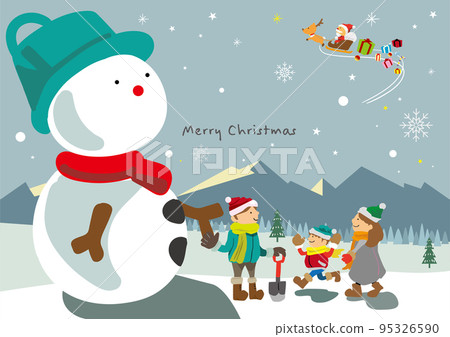 Cute illustration of parent and child making a big snowman for Christmas 95326590