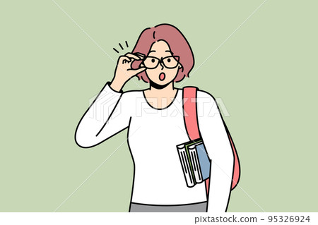 Woman in glasses is surprised to see unusual thing. 95326924