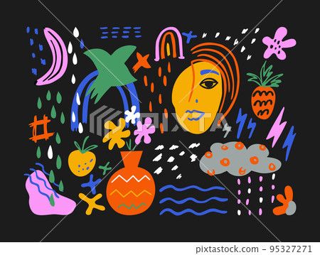Matisse art style random organic shapes in freehand on a black background. Includes face, bird, floral art, colorful bundle. Vector illustration. Matisse art style random organic shapes in freehand on a black background. Includes face, bird, floral art, colorful bundle. Vector illustration. 95327271