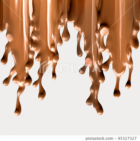 Stream of hot melted chocolate sauce dripping down from the top, splashing of chocolate 3d rendering 95327327