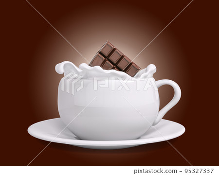 White cup of milk and melted bar of chocolate falling 3d rendering 95327337