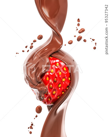 Strawberry covered with hot melted chocolate sauce, abstract background dessert, isolated 3d rendering 95327342
